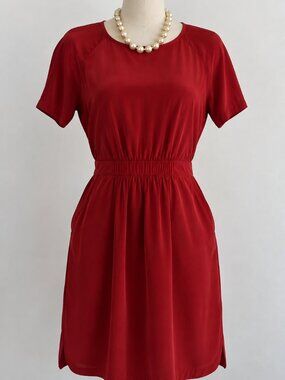 Madewell Red 100% Silk Dress Size 2 Cinched Waist Pockets Short Sleeve